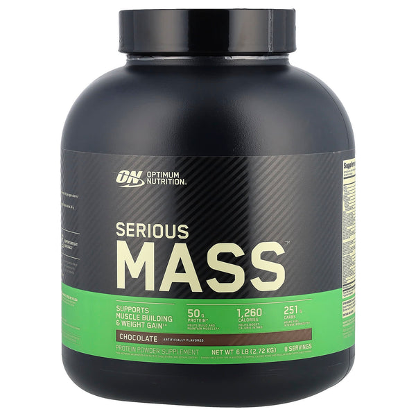 ON-Serious Mass Chocolate.A mass gainer that provides a high number of calories, protein, and carbohydrates per serving.Available in chocolate flavor.Net weight is 6 lb (2.72 kg) with 8 servings.