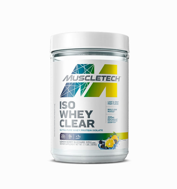 Muscletech_ Iso Whey Clear (Original)The MuscleTech Iso Whey Clear Ultra-Pure Protein Isolate, or simply MuscleTech Iso Whey Clear.The flavor is Lemon Berry Blizzard.The net weight of the product is 1.11 lbs (503g).