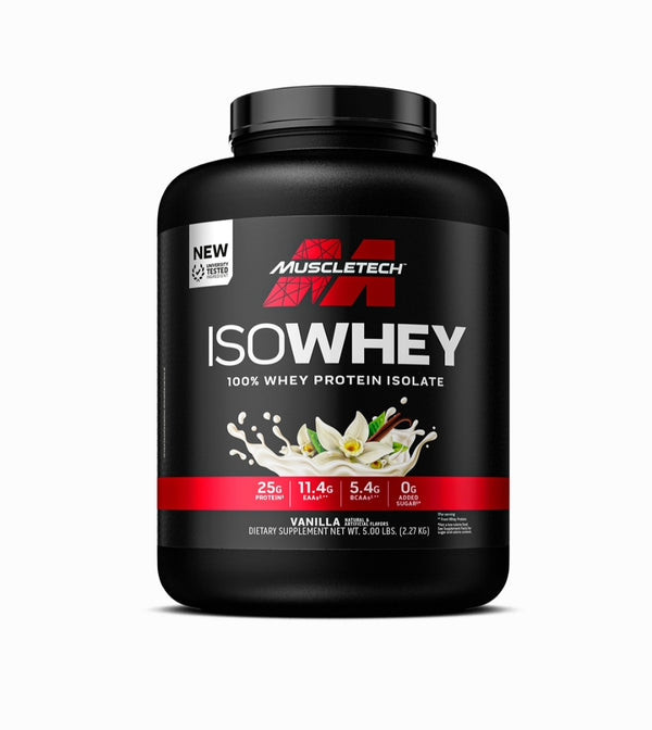 Muscletech-Iso Whey vanilla(Original)Each serving contains 25g of protein, 11.4g of EAAs, and 5.4g of BCAAs with 0g of added sugar. comes in a Vanilla flavor and is available in a 5 lbs (2.27 kg) container.