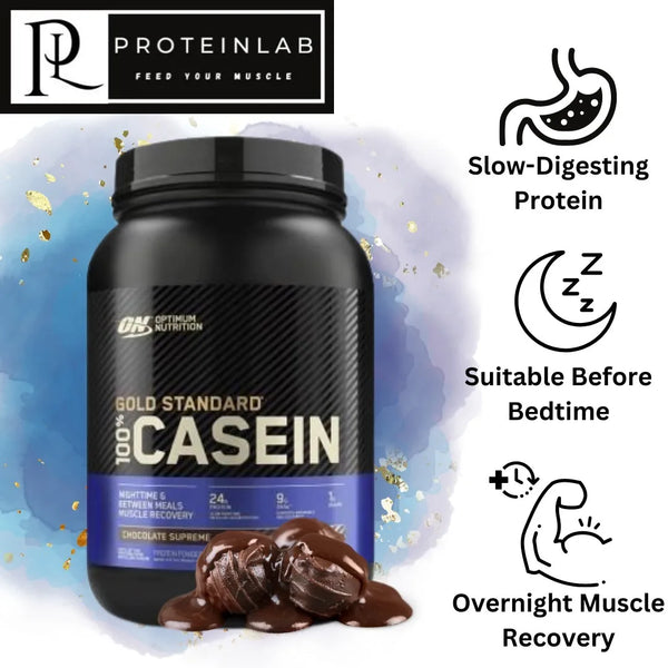 ON_Gold Standard 100% Casein protein powder. It is a slow-digesting protein designed to support muscle recovery and growth, particularly during nighttime or between meals. Flavor: Chocolate Supreme. Net Weight: 4 lb (1.81 kg), containing 53 servings. 