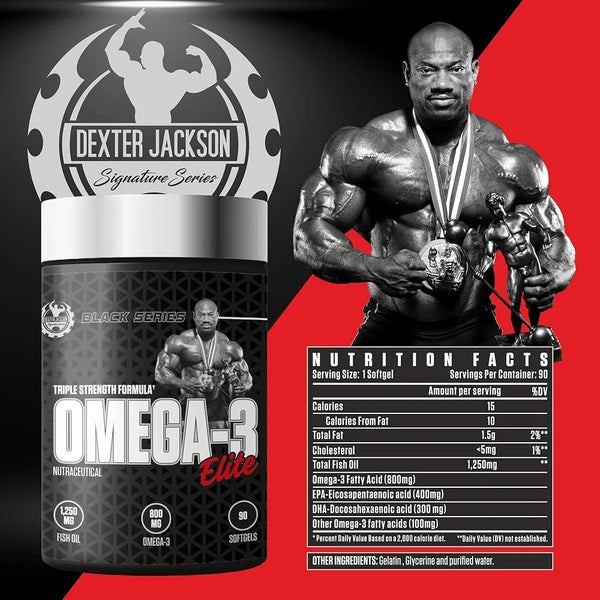 Dexter Jackson-Omega-3 Elite(Original)Contains 1250mg of fish oil per softgel.Each softgel provides 800mg of Omega-3 fatty acids.