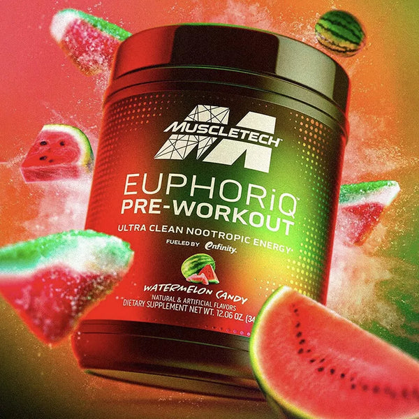 MuscleTech EuphoriQ Pre-Workout. It's described as a "smart pre-workout" fueled by enfinity, designed to deliver energy, focus, and improved performance. It comes in a watermelon candy flavor.